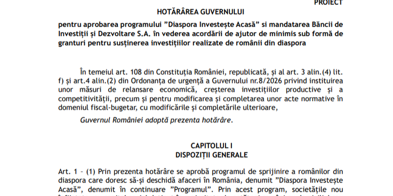 100 milioane euro pentru romanii din Diaspora care vor sa investeasca in tara (Document)