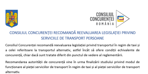 Consiliul Concurentei recomanda eliminarea limitarii numarului maxim de autorizatii taxi. Prevederi si pentru transportul alternativ