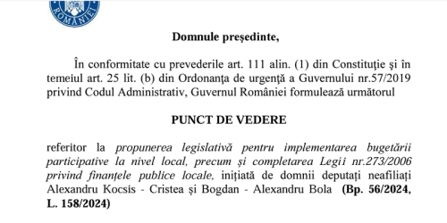 Guvernul nu sustine proiectul de lege care stabileste ca locuitorii oraselor vor putea decide investitiile facute din bugetele locale, intr-un procent de 1% (Avizul)