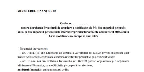 Ministerul Finanțelor a aprobat procedura de acordare a bonificației de 3% din impozitul pe profit și impozitul pe veniturile microîntreprinderilor:  compensarea obligațiilor fiscale sau restituirea sumei