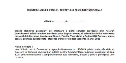 Ordin pentru plata drepturilor salariale stabilite prin hotarari judecatoresti. Sumele se actualizeaza cu indicele preturilor de consum (Document)