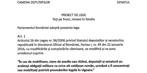 Toti pe front, nimeni in fotoliu – Proiect de lege pentru mobilizarea parlamentarilor in caz de razboi (Document)