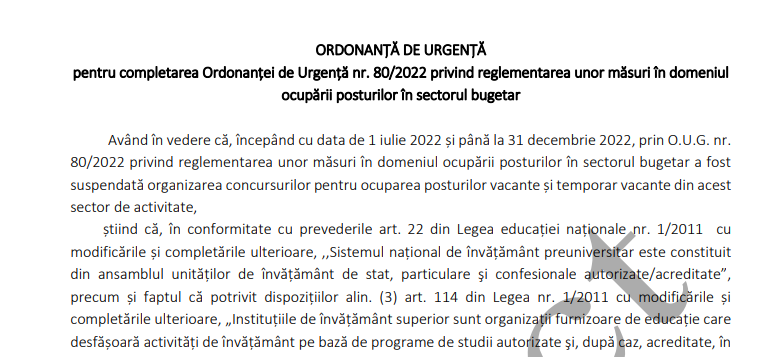 ANGAJARILE LA STAT: DEROGARE DE LA OUG – Domeniul in care se pot ocupa posturi: 