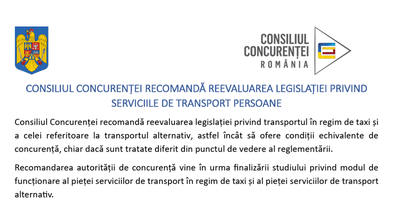 Consiliul Concurentei recomanda eliminarea limitarii numarului maxim de autorizatii taxi. Prevederi si pentru transportul alternativ