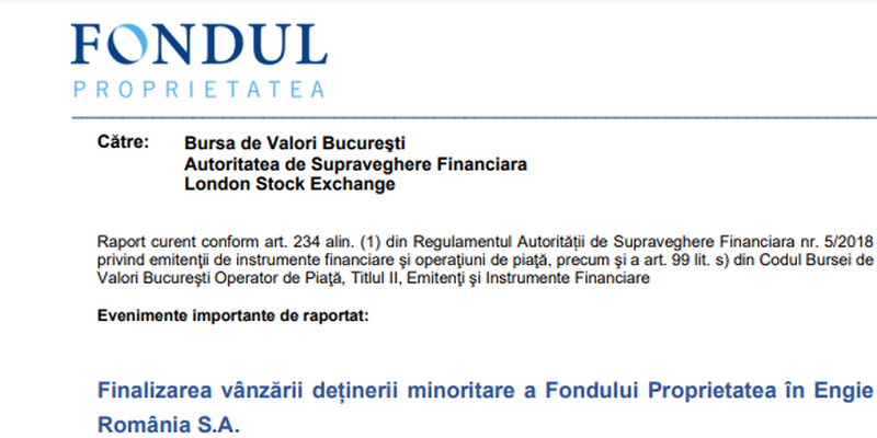 FONDUL PROPRIETATEA SI-A VANDUT ACTIUNILE LA ENGIE ROMANIA – Tranzactia depaseste 400 milioane de lei. Fondul nu mai detine nicio actiune in Engie Romania SA 