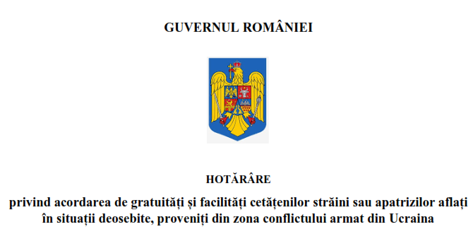 HOTARARE PENTRU CETATENII UCRAINENI – Guvernul le ofera gratuitati (Document)