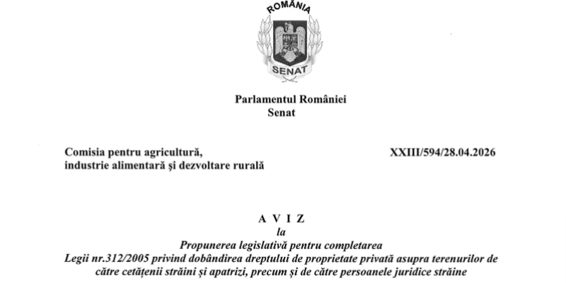 Legea pentru cumpararea terenurilor de catre straini, avizata negativ in Senat. Initiativa prevede limita maxima in care pot fi achizitionate terenurile agricole (Avizul)