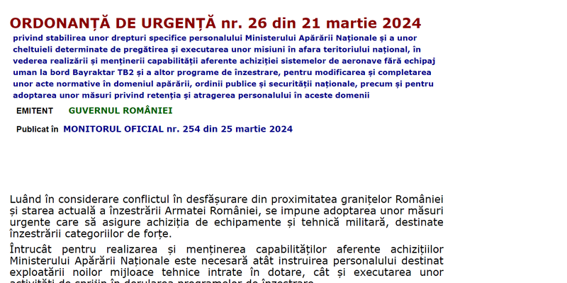 Mai multi bani pentru militari si politisti. OUG 26/2024 a fost publicata in Monitorul Oficial (Ordonanta)