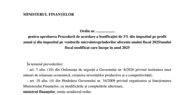 Ministerul Finanțelor a aprobat procedura de acordare a bonificației de 3% din impozitul pe profit și impozitul pe veniturile microîntreprinderilor:  compensarea obligațiilor fiscale sau restituirea sumei