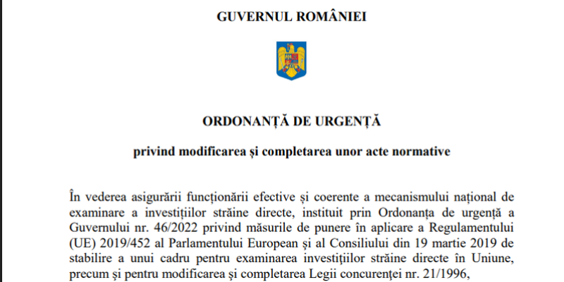 Ordonanta pentru investitiile straine facute in Romania. Se majoreaza pragul valoric de la 2 milioane de euro la 5 milioane de euro pentru procedura de examinare (Document)