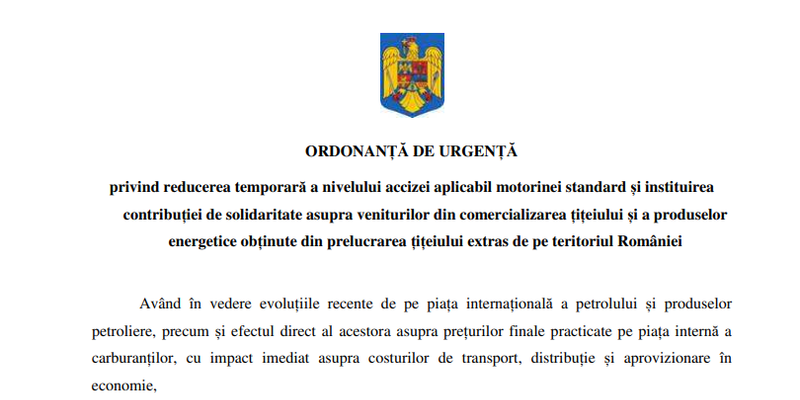 Ordonanta pentru scaderea pretului la carburanti. Este instituita o contributie de solidaritate aplicabila operatorilor economici care exploateaza sau prelucreaza titei extras de pe teritoriul Romaniei (Document)