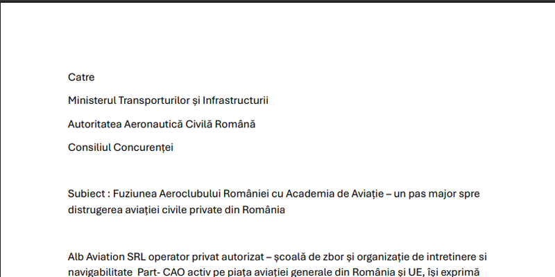 Protest impotriva fuziunii Aeroclubului Romaniei cu Scoala Superioara de Aviatie Civila. Se reclama concurenta neloiala