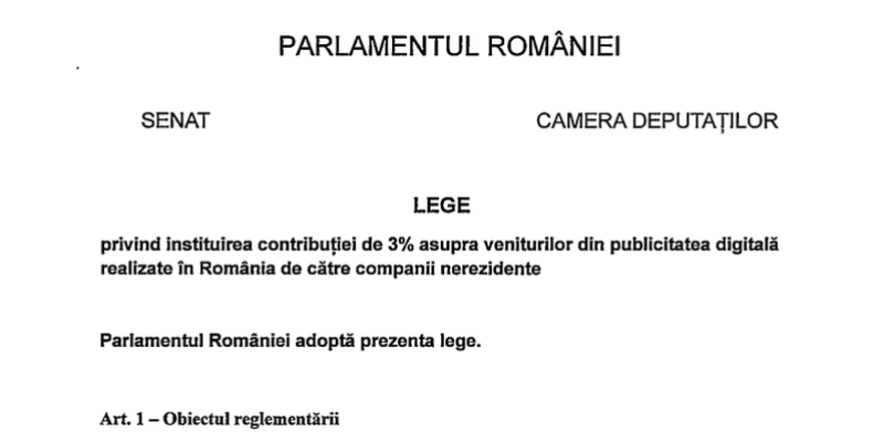 Taxa de 3% pe veniturile din publicitatea digitala realizate in Romania de catre companii nerezidente. Contributia se aplica la o cifra de afaceri globala de peste 750 milioane euro (Proiectul)